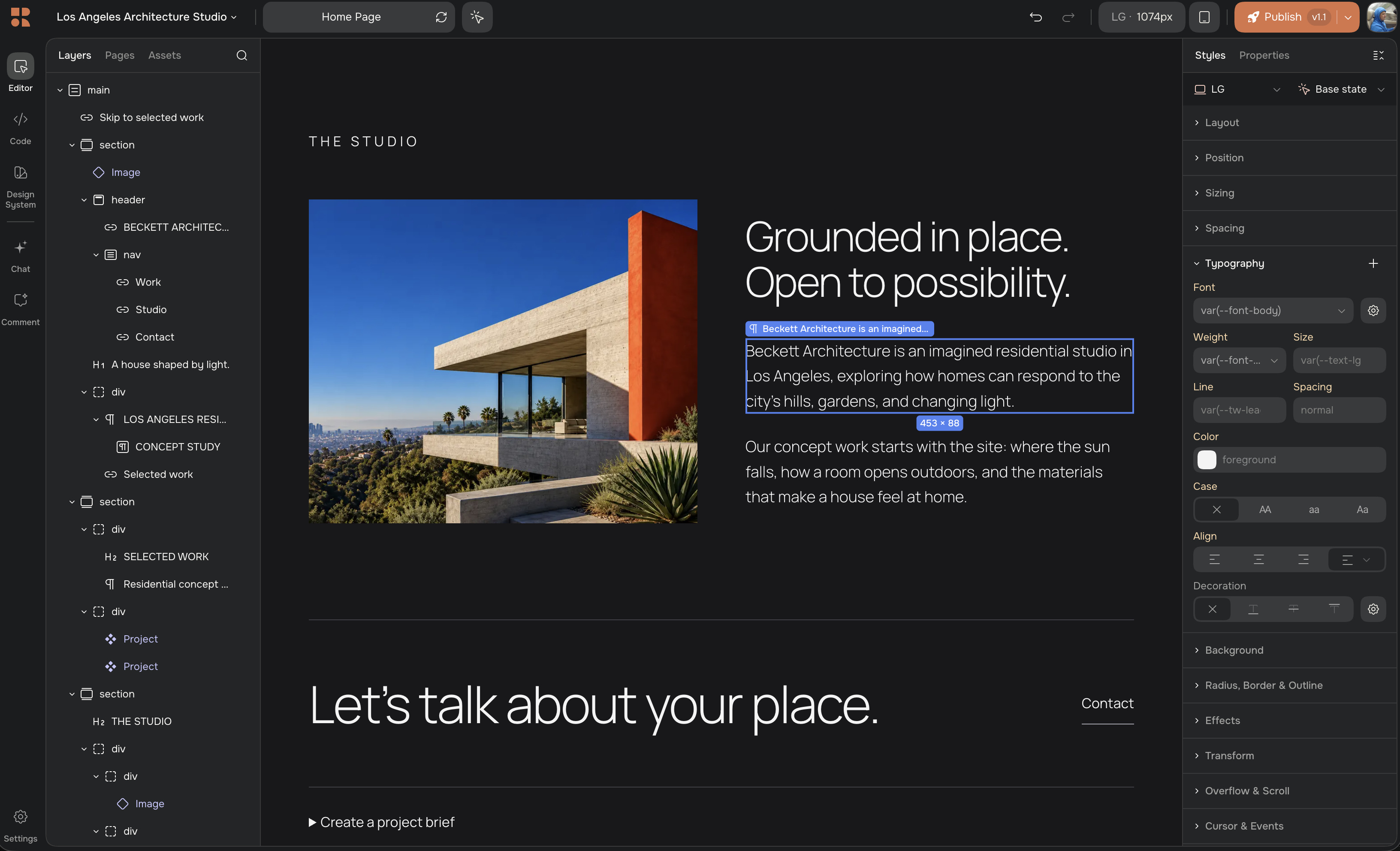 Reforma visual editor with selected paragraph text and controls in the Styles panel