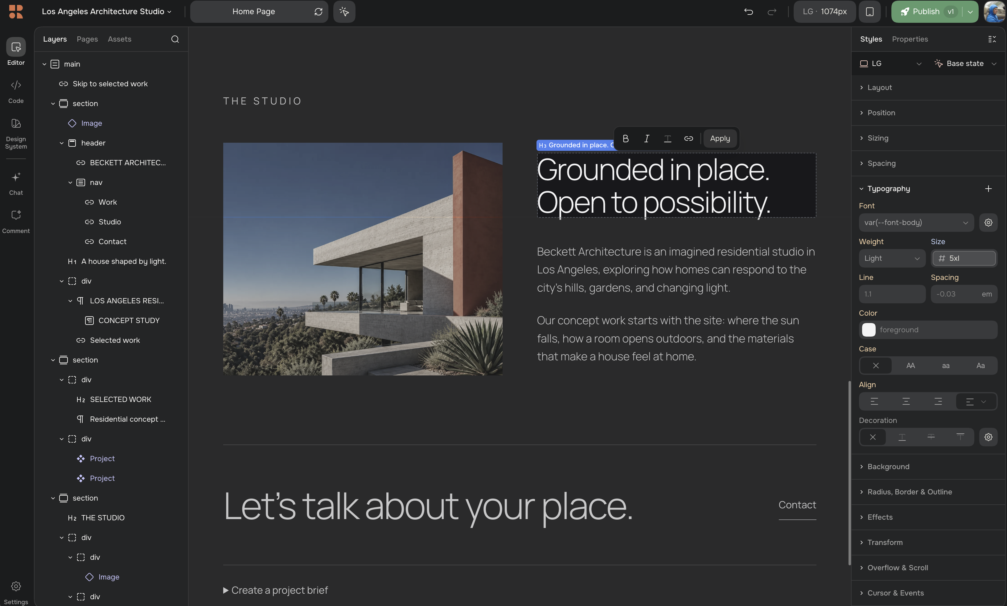 Reforma visual editor with an architecture website and headline selected for editing