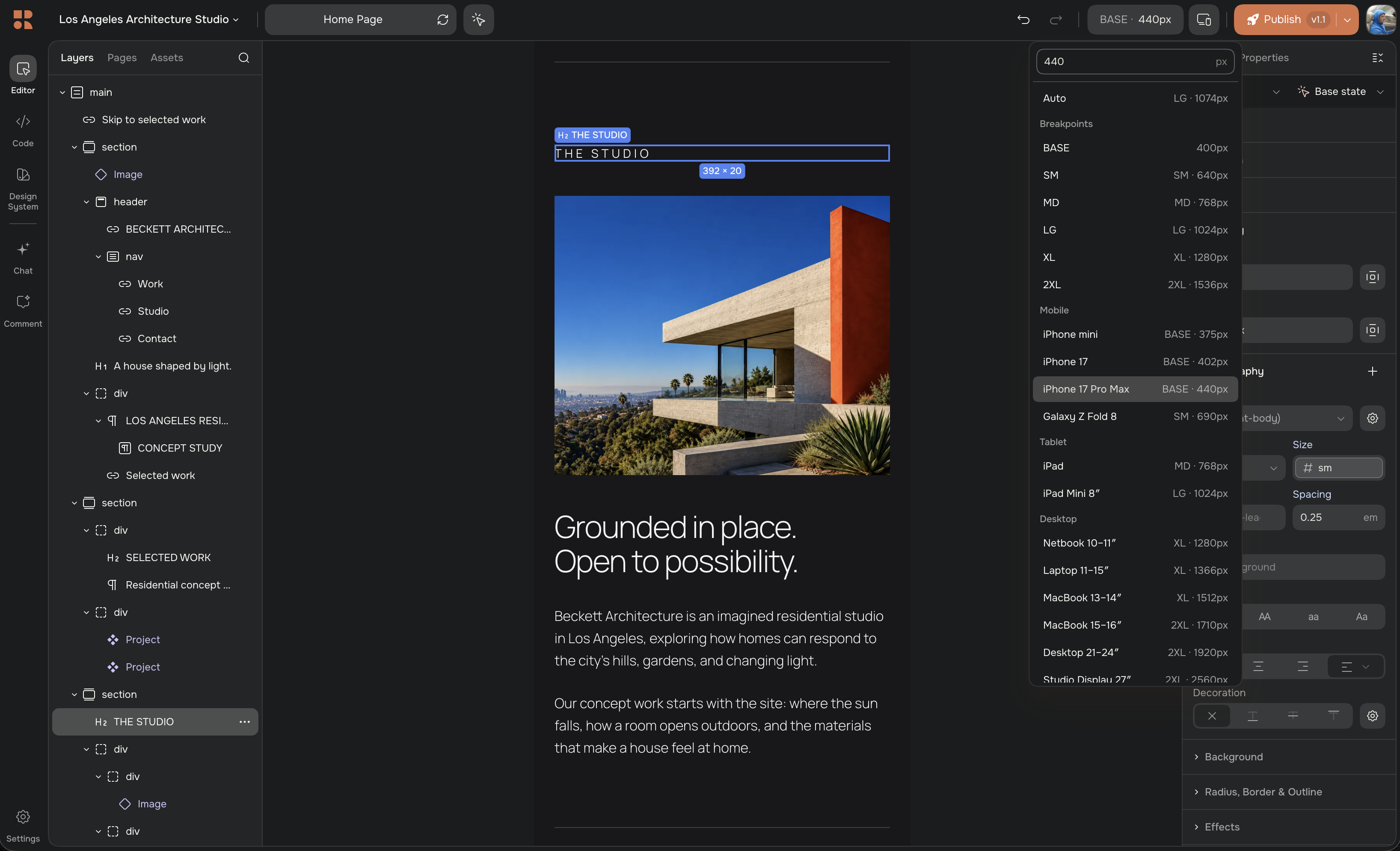 Reforma visual editor showing an architecture website at mobile width with responsive breakpoint controls